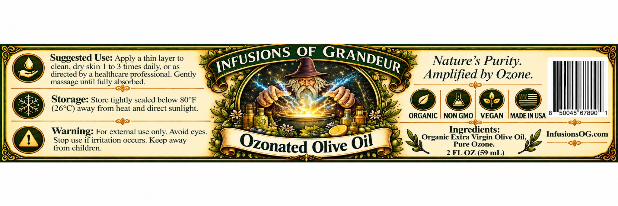 Infusions of Grandeur Ozonated Olive Oil label showing wizard illustration and product information